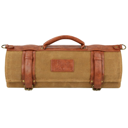 Seido Knives Classic Knife Roll Bag - Heavy Duty Canvas & Leather - Holds 18 Culinary Tools, Including 12 Large Knives, 4 Utensil Slots, and 2 Meat Cleaver Compartments