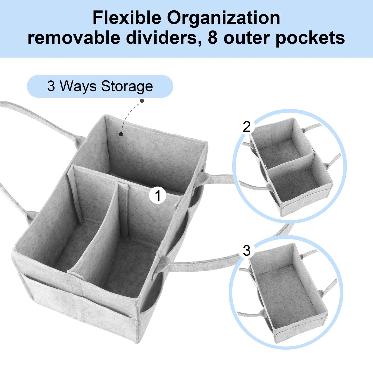 PHILORN Diaper Caddy Organizer, Baby Diaper Caddy with Dividers, Car Diaper Caddy, Diaper Caddy for Changing Table,Felt Diaper Caddy Organizer with Handle, Baby Shower Gifts, Gray