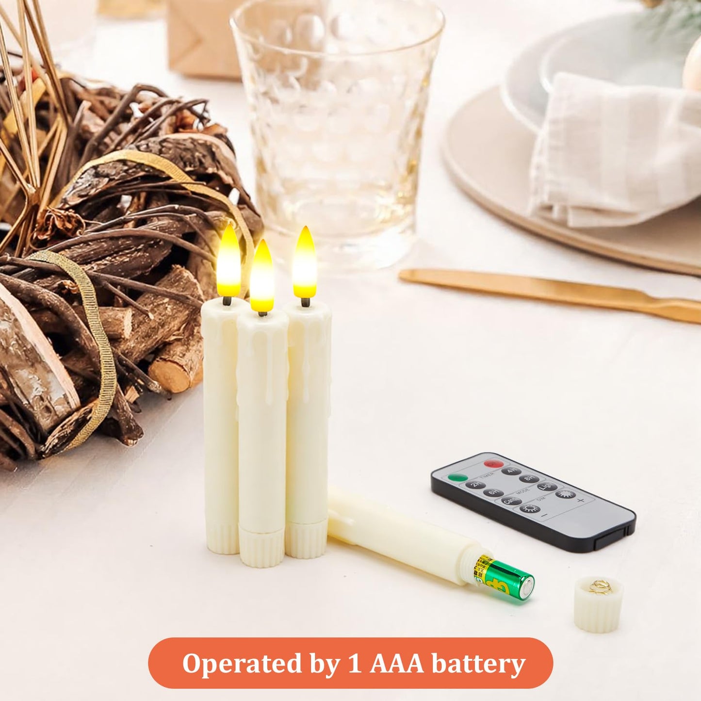 IMAGE 12Pcs LED Taper Candles Light Set 5.3 inches Dripping Flameless 3D Wick Ivory Candles with Clip-on Christmas Tree Design, 10-Key Remote with Timer, Warm White Light Battery Operated for Decor