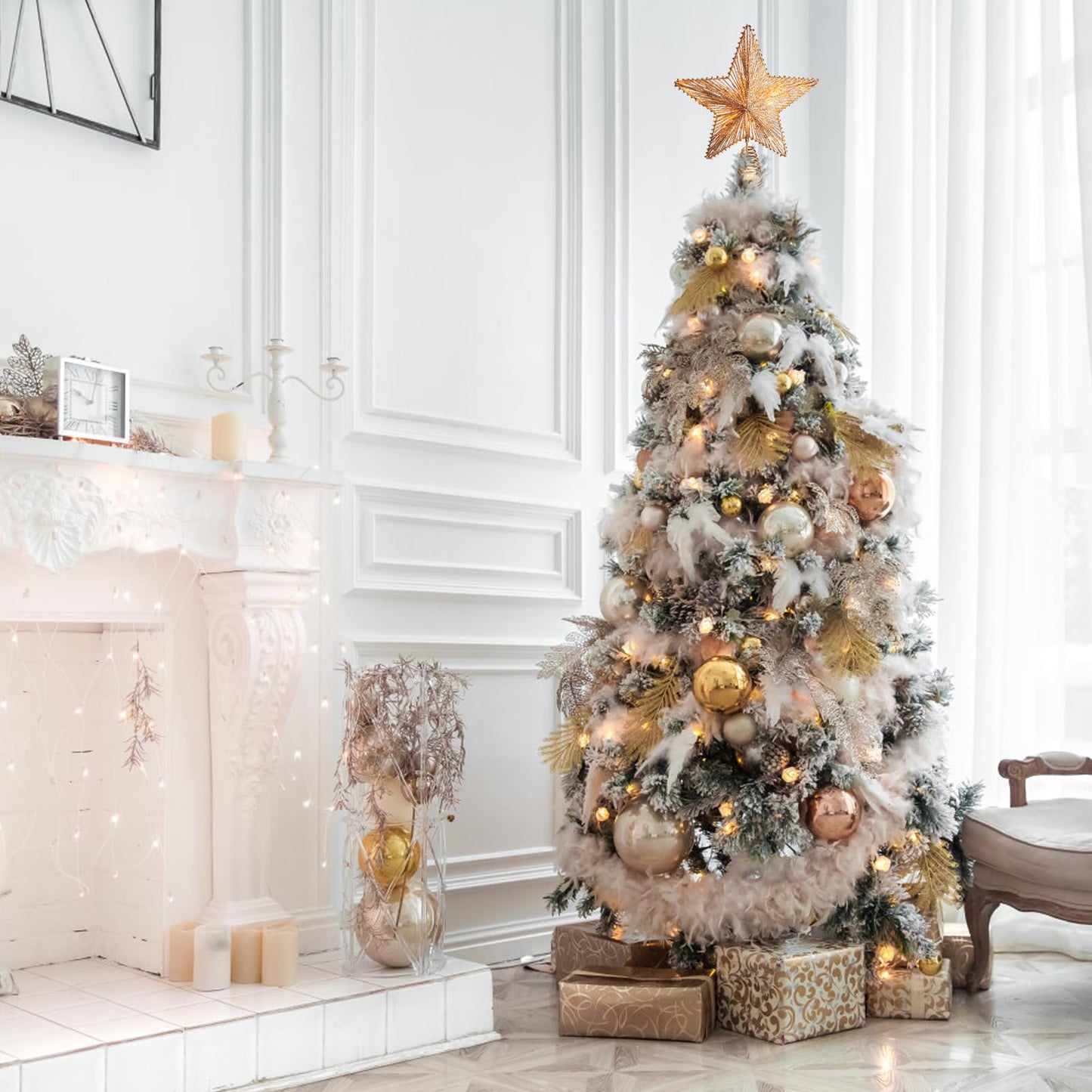 Christmas Tree Topper 10" Golden Glittered Star Tree Topper with 30 LED Lights Xmas Tree Topper Star for Xmas Decorations Ornaments Holiday Party Indoor Decor