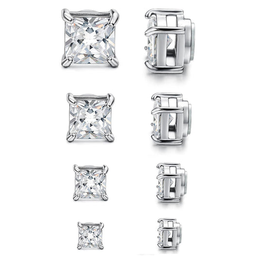 Magnetic Non-piercing Clip On Earrings: Stainless Steel 5-8mm Square CZ Inlay Round Fake Cheater Studs for Men Women, 4 Pairs Silver