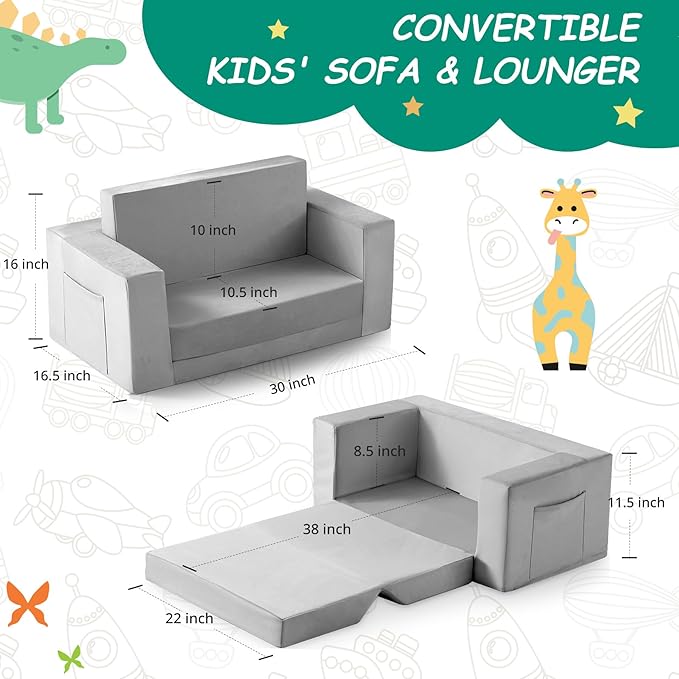 Kids Couch, 2-in-1 Toddler Chair Comfy 1-3 Years, Convertible Kids Chair