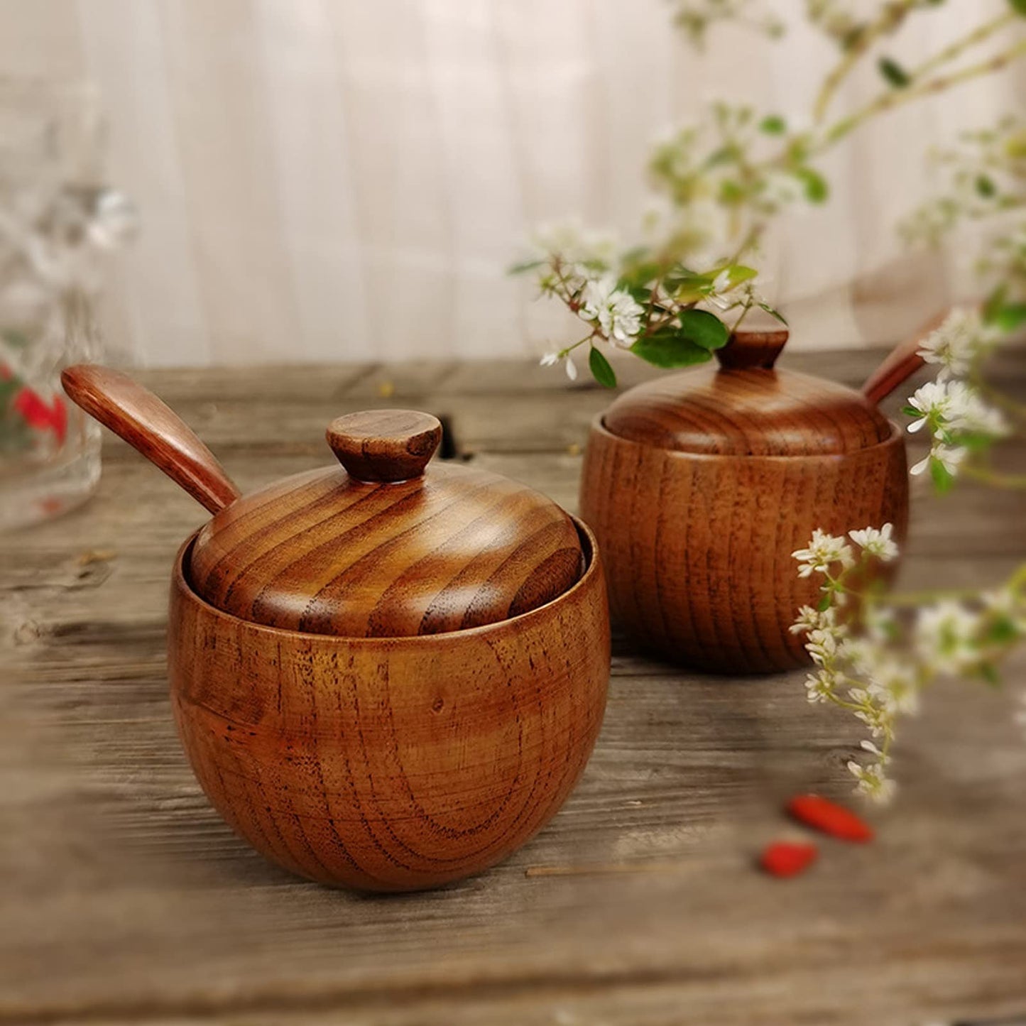 Gsycle Salt Cellar, 2set Spice Jar Spice Box Salt Container Wood Salt Bowl Salt and Pepper Bowls with Lid and Spoon Salt Wooden Bowl with Lid