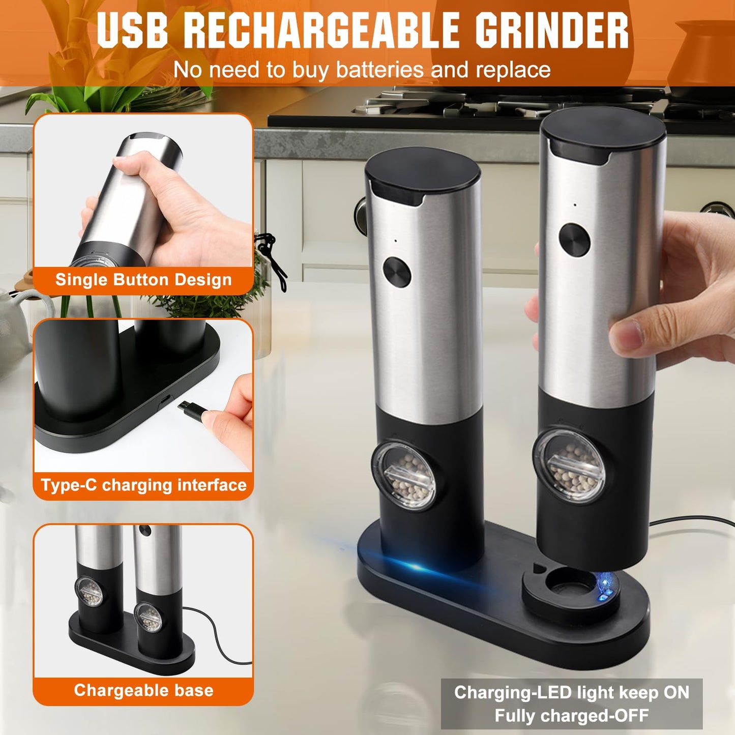 Electric Salt and Pepper Grinder Set with Base, USB Rechargeable Stainless Steel Pepper Mill, One-Handed Automatic Operation, Adjustable Coarseness, Led Light