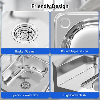 Stainless Steel Utility Sink with Faucet - Freestanding Single Bowl Sink for Commercial Kitchen, Laundry, Garage, Shop, Patio, Outdoor Prep & Wash Sink with Shelf, Fregadero Para Patio Exterior - 23In