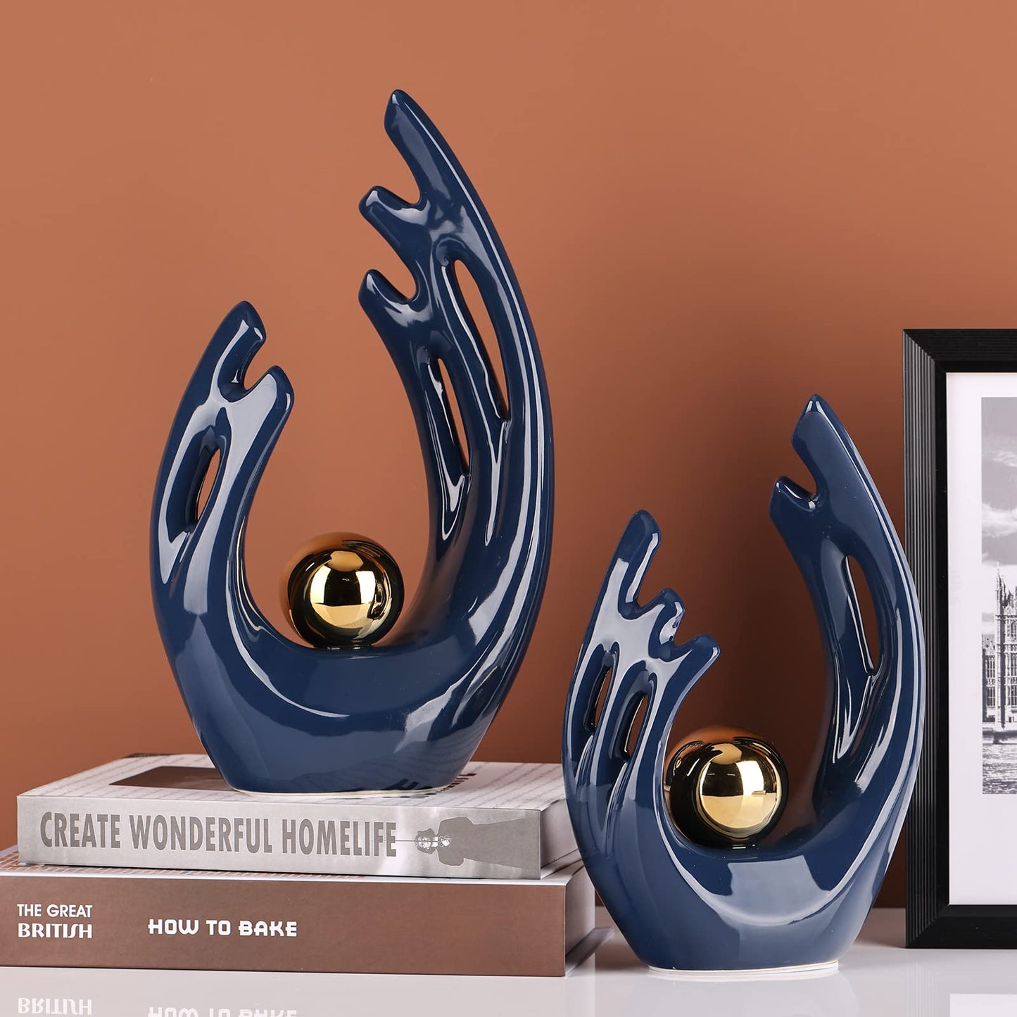 12" H Navy Blue Aesthetic Room Decor Accent, TV Stand Funky Table Centerpiece, Abstract Art Ceramic Statue and Sculpture, Blue Decor for Living Room, Bookshelf Decorative Objects, Shelf Decorative
