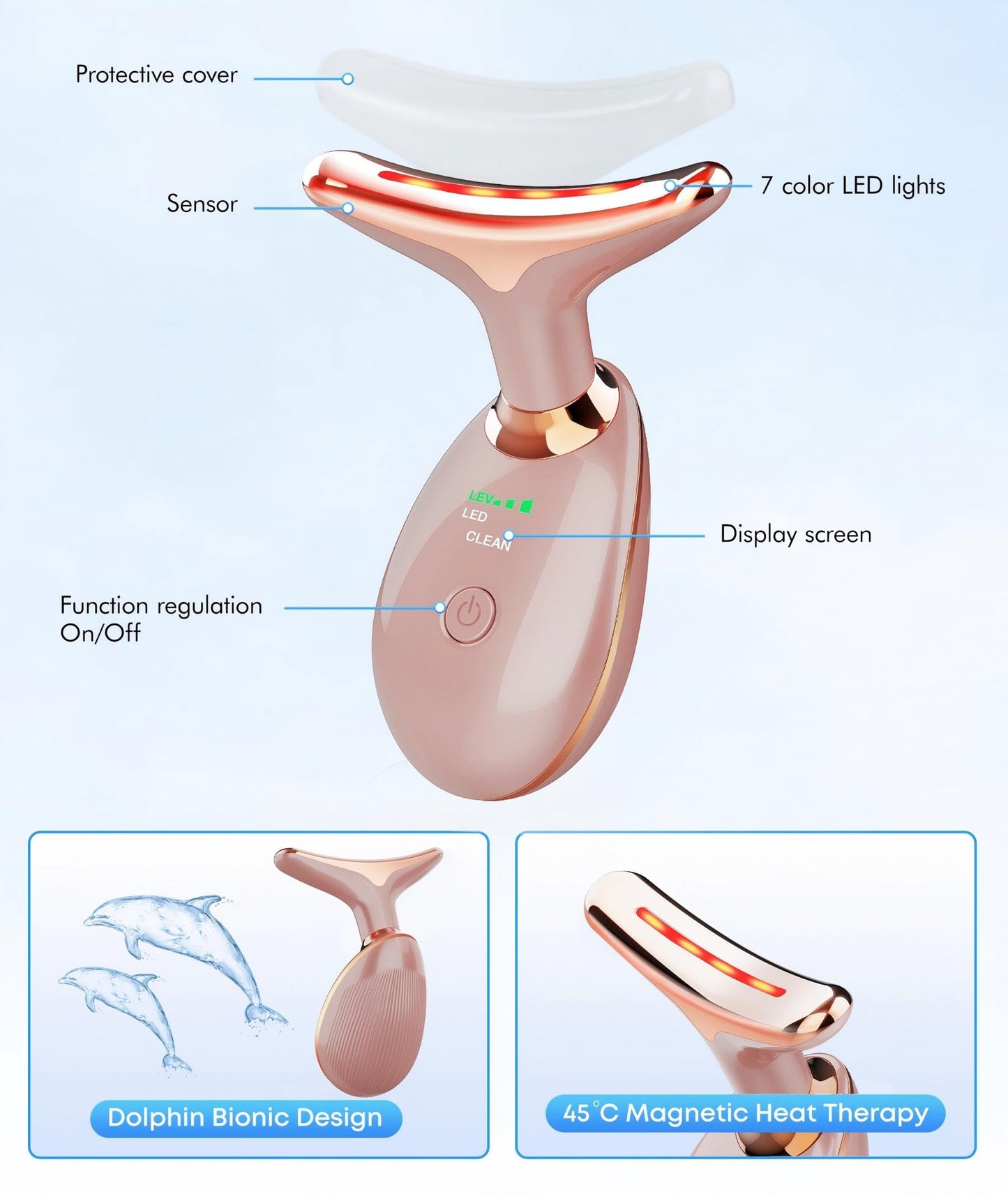 Red-Light-Therapy-for-Face-and-Neck, 7 Color Face Massager Tool for Wrinkles, Double Chin, Vibrating Facial Massager with Thermals for Skin Care, Glossy Pink