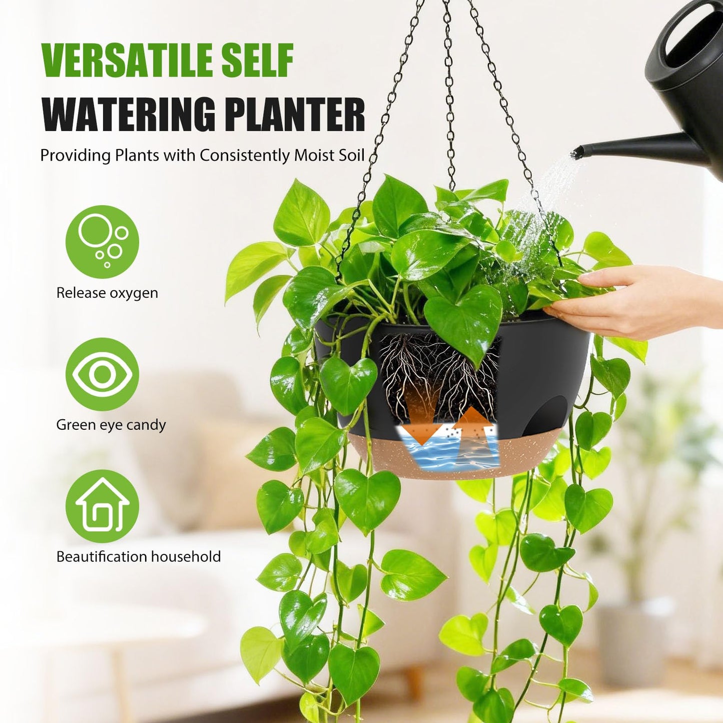SQKH 8 Inch Hanging Planters for Indoor Outdoor Plants, 4 Pack Black Brown Plastic Self Watering Hanging Baskets with Drainage Holes and Chain for Garden Porch