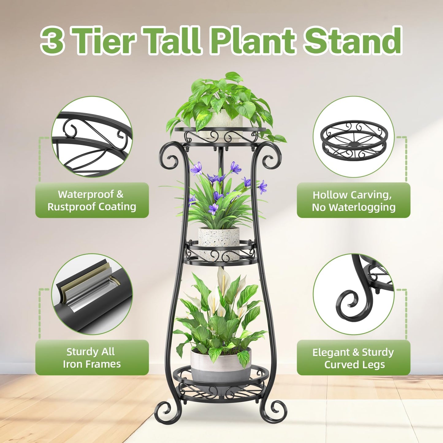 iDavosic.ly 3 Tier Metal Plant Stand Indoor Outdoor, Wrought Iron Corner Tall Flower Pot Holder Shelf, 34 Inch Vertical Heavy Duty Display Rack for Patio Porch Living Room Garden, Black