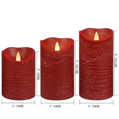 CANDLE CHOICE Real Wax Battery Operated Flameless Candles with Remote Automatic Daily Cycle Timer Realistic Flickering Electric LED Pillars Wedding Party Holiday Decorations 3 Pack Rustic Texture Red