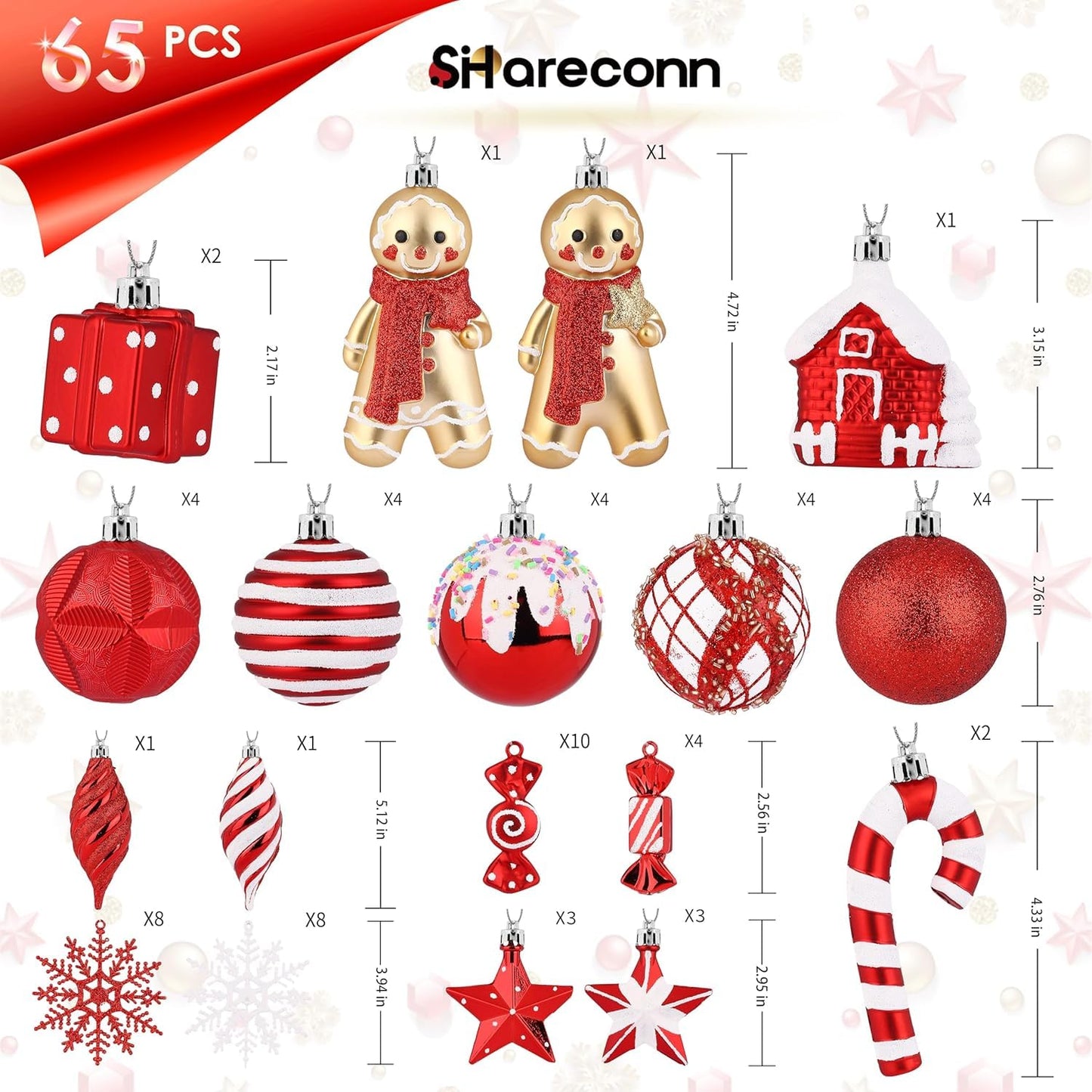 SHareconn 65pcs Christmas Tree Ornaments Set, Shatterproof Christmas Gingerbread Man Balls Bulk Gift Boxes, Hanging Plastic Decorative Baubles for Xmas Trees Decorations, Holiday Party, Red White