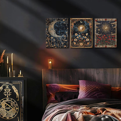 Dark Sun and Moon Celestial Wall Art Spiritual Gothic Tarot Wall Decor Painting Witchy Astrology Mystical Poster Canvas Prints Artwork for Bedroom Living Room 12x16 inch Framed