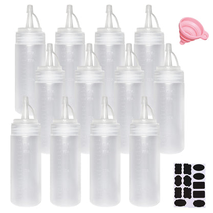 Juncture 12 Pack 200 ml (6.7oz) Plastic Squeezy Sauce Bottles with Twist on Cap Lids, Tick Marks Squeeze Bottle for Condiment, Pigment Squeeze Bottle for Painting
