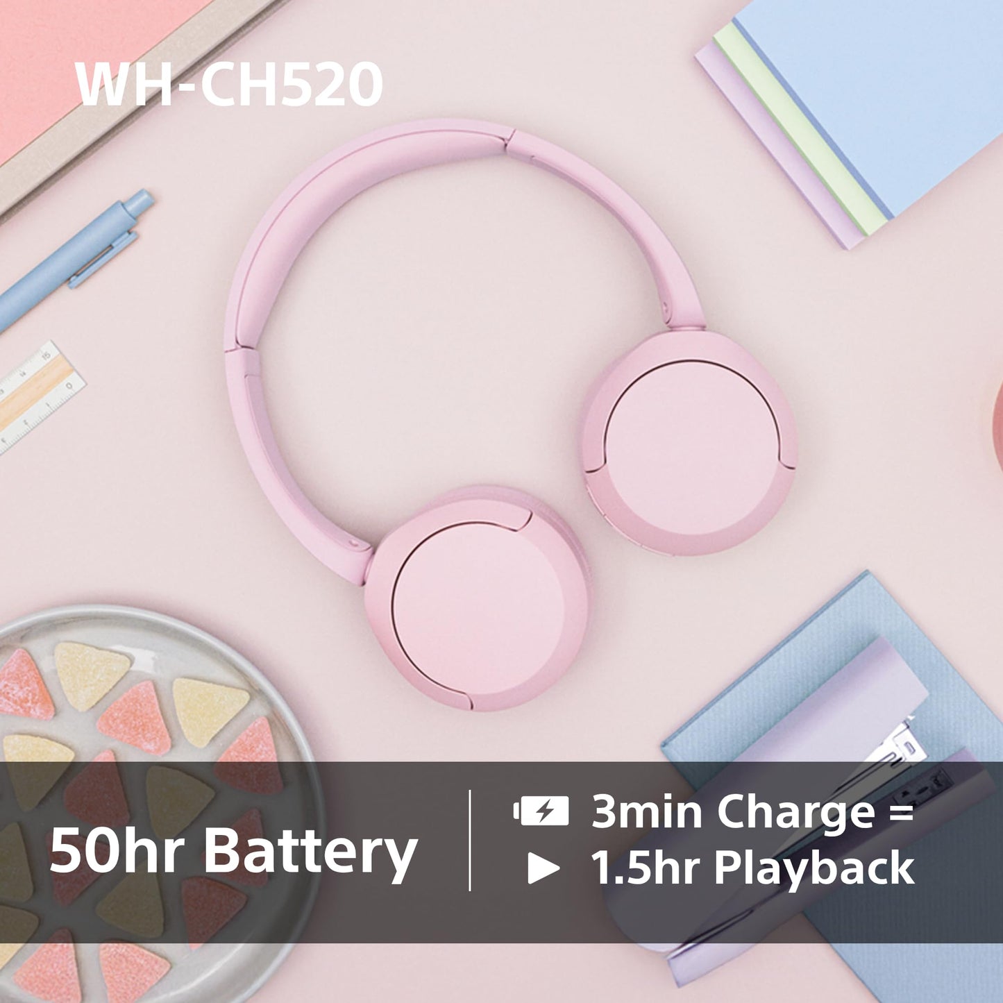 Sony WH-CH520 Wireless Bluetooth On-Ear Headphones, Lightweight Design, Up to 50hr Battery Life, Quick Charge, EQ, Clear Call Quality, iOS & Android - Black