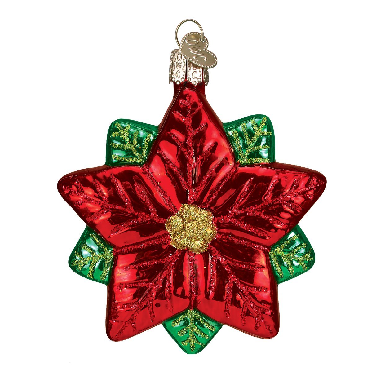 Old World Christmas Poinsettia Star Glass Blown Ornament for Christmas Tree, Handcrafted Holiday Decoration, Poinsettia Collection