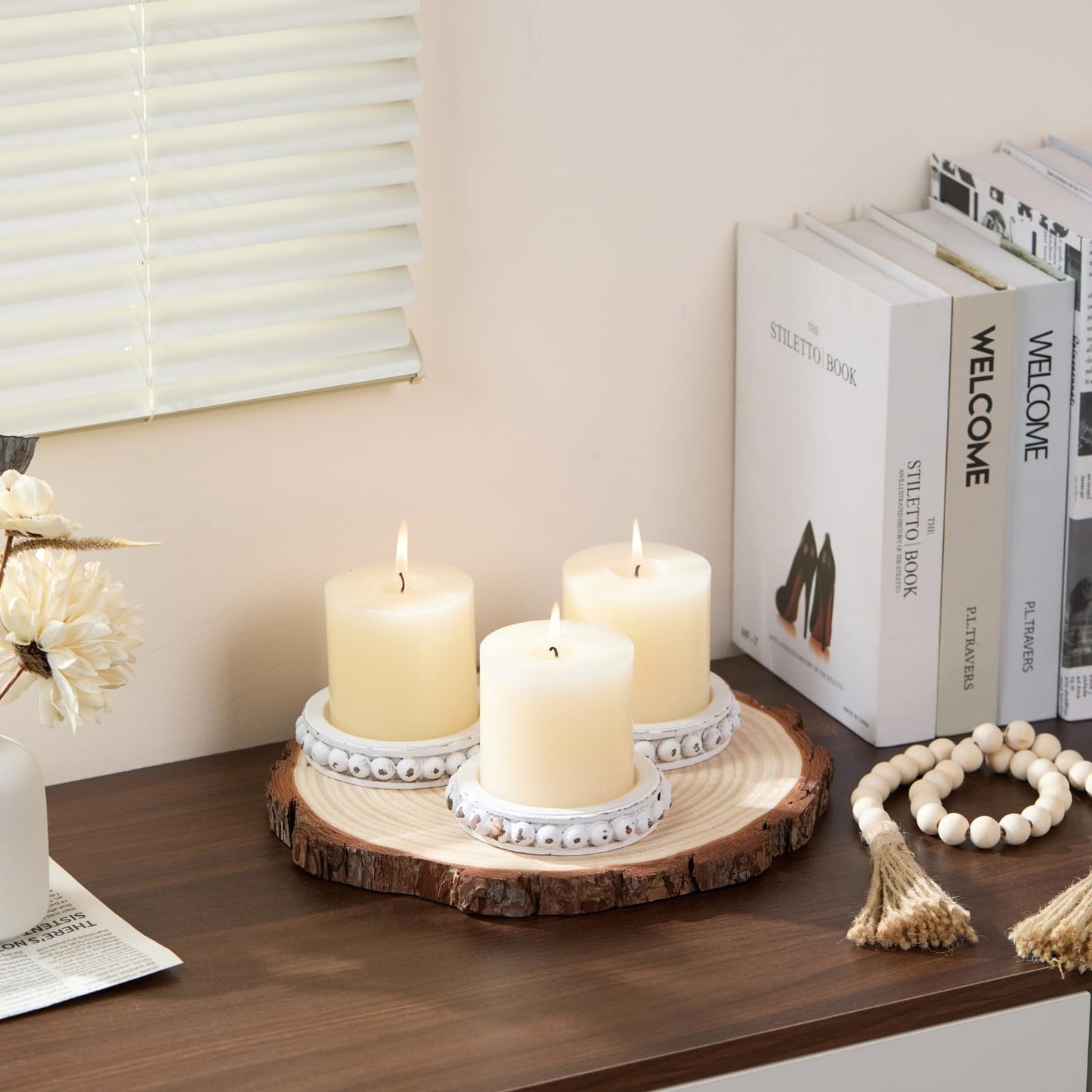THORNIA Wooden Candle Holders for Pillar Candles, Set of 3 Wood Beaded Plate with Metal Cup Inserts, 4 Inch Rustic Farmhouse Tray Stand for Fireplace Mantel, Table Centerpiece Decor - White