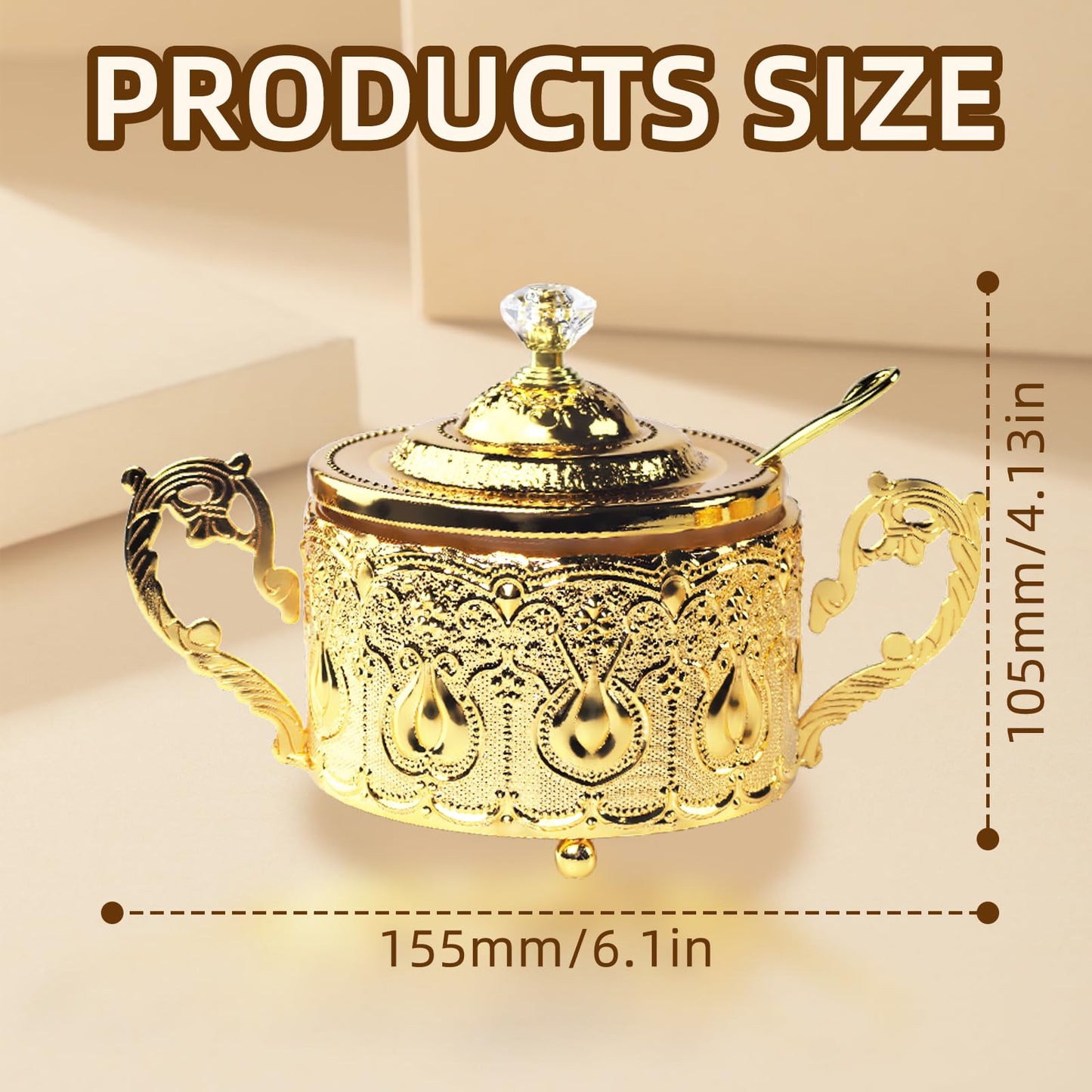 Flylin Sugar Bowl, Turkish Sugar Bowl with Lid and Spoon for Candy Cookie Honey, Golden Vintage Glass Seasoning Jar for Home and Kitchen Coffee Bar (6)