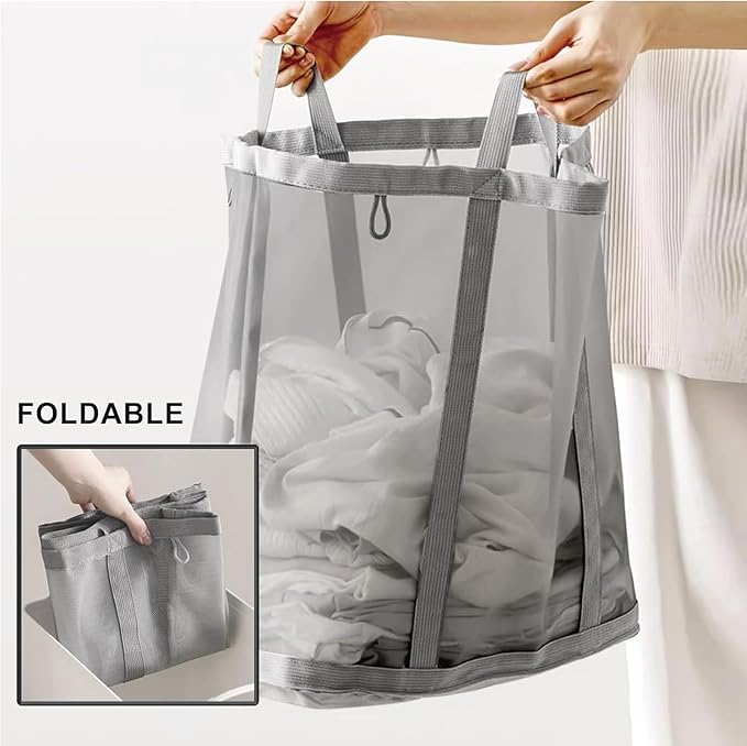 Mesh Bag with Handles, Collapsible Laundry Basket, Foldable Laundry Bag