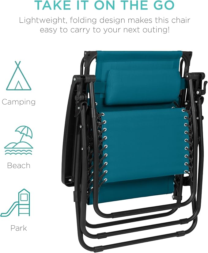 Best Choice Products 30” Wide Folding Zero Gravity Outdoor Recliner Patio Lounge Chair w/Adjustable Canopy Shade, Headrest, Side Accessory Tray - Peacock Blue