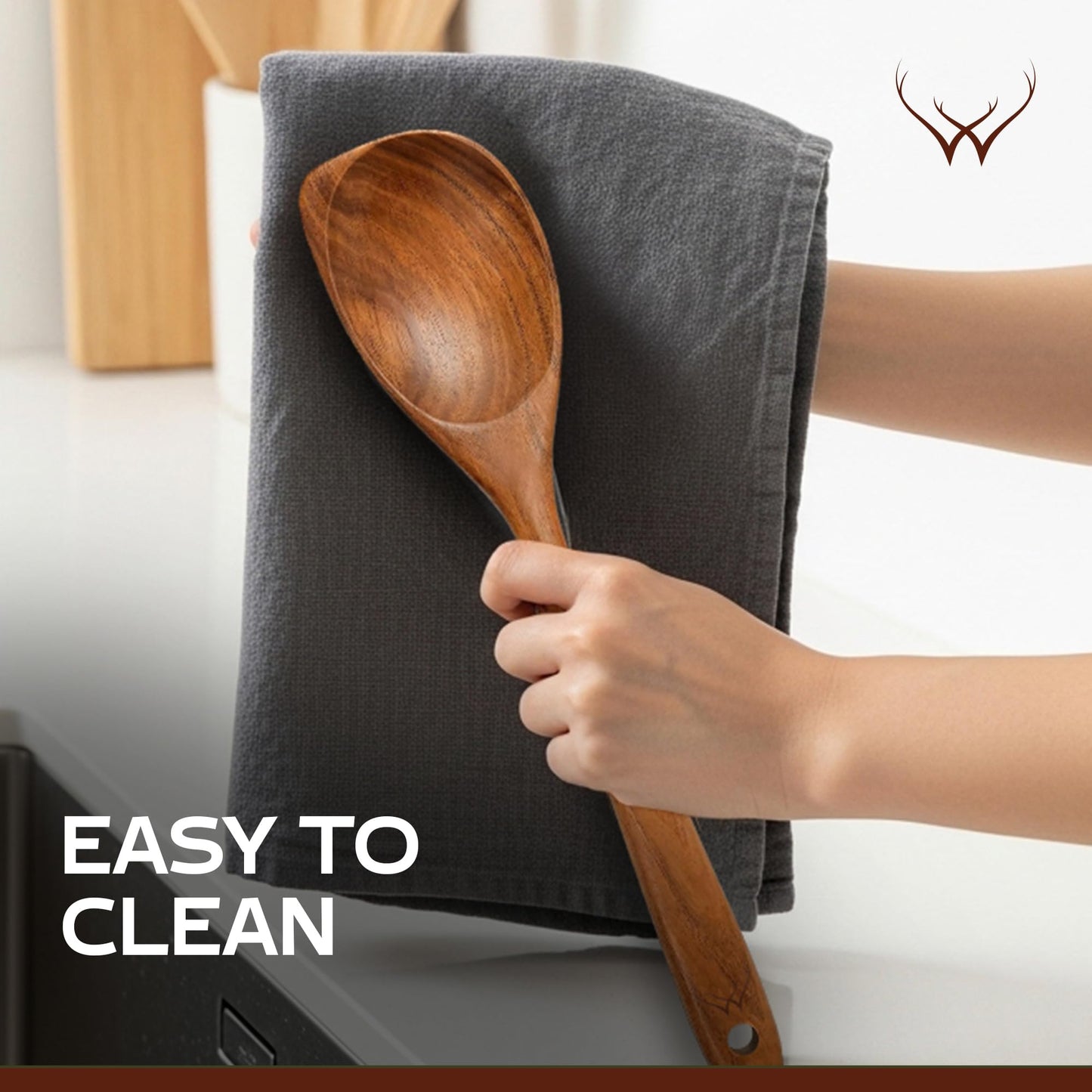CORNER Teak Wooden Spoon for Cooking With Teak Spoon Rest - Made of Premium Natural Teak Wood