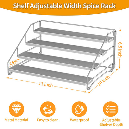 4 Tier Spice Rack for Cabinet, Spice Rack Organizer, Depth Adjustable Spice Holder for Countertop, Cupboard, Pantry, Seasoning Shelf, Metal, Black (1 Pack)