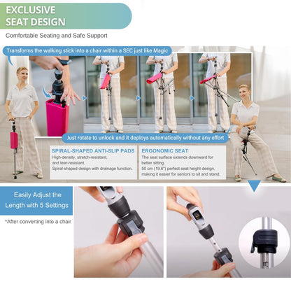 Ta-Da Chair Series 1 Pro, Portable Trekking Hiking Pole, Folding Walking Stick with Seat, Walking Cane with Chair, Foldable Chair, Lightweight Aluminum, Easy Carry and Storage, Anti-Slip, Black