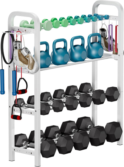 Ansionsol 4-Tier Adjustable Dumbbell Rack, Weight Storage Stand Holder for Dumbbells & Kettlebells, Heavy-Duty Home Gym Organizer with 6 Hook for Home Gym Equipment Accessories, White(Rack Only)
