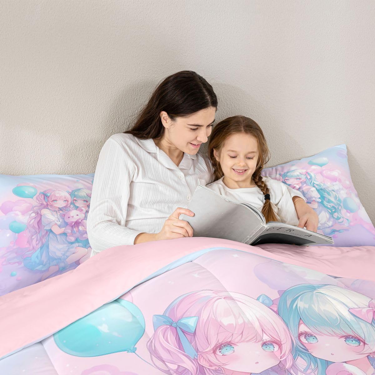 Erosebridal Anime Girl Kids Bedding | Girly Friendship Twin Comforter Sets,Fantasy Dreamy Girls Comforter Romance Ballons Duvet Insert with 1 Pillow Case