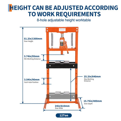 Hydraulic Press 12 Ton Hydraulic Shop Press H-Frame Garage Floor Adjustable Shop Press with 2 Plates Adjustable Working Table Height, Orange