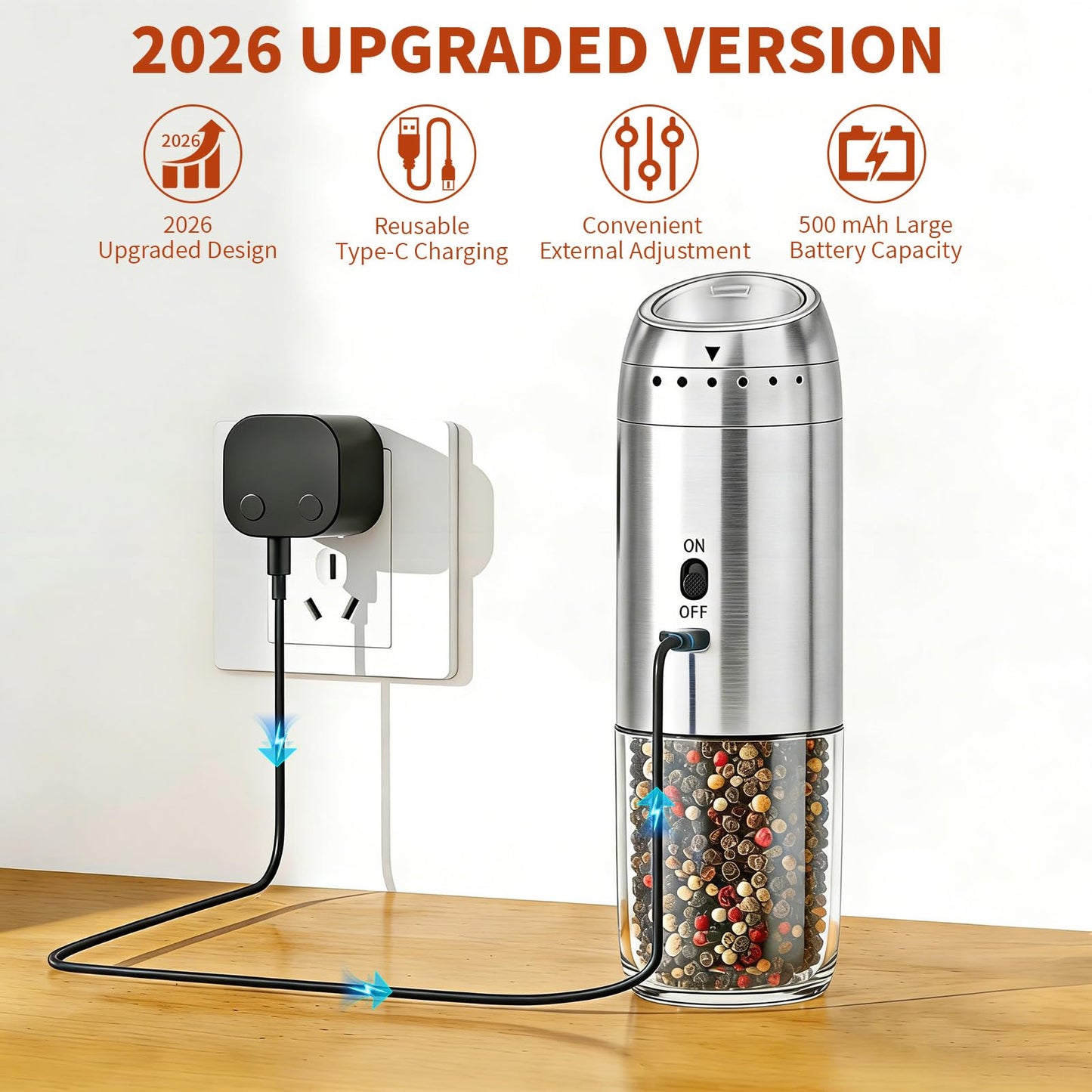 Electric Salt and Pepper Grinder Set, Automatic Enlarged 176ml Mill 2 Pack, Gravity-Sensing, Rechargeable Pepper Grinder, Stainless Steel, 6 Adjustable Coarseness, Kitchen Gadget Accessories