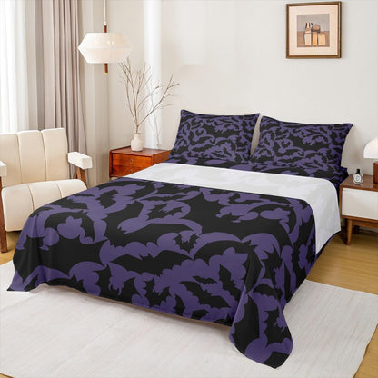 Castle Fairy Halloween Themed Full Fitted Sheet 4pcs,Black Bats Animal Print Bed Sheet Set for Girls Teens Bedroom,Dark Purple Color Polyester Bedding Set with 1 Flat + 2 Pillowcases