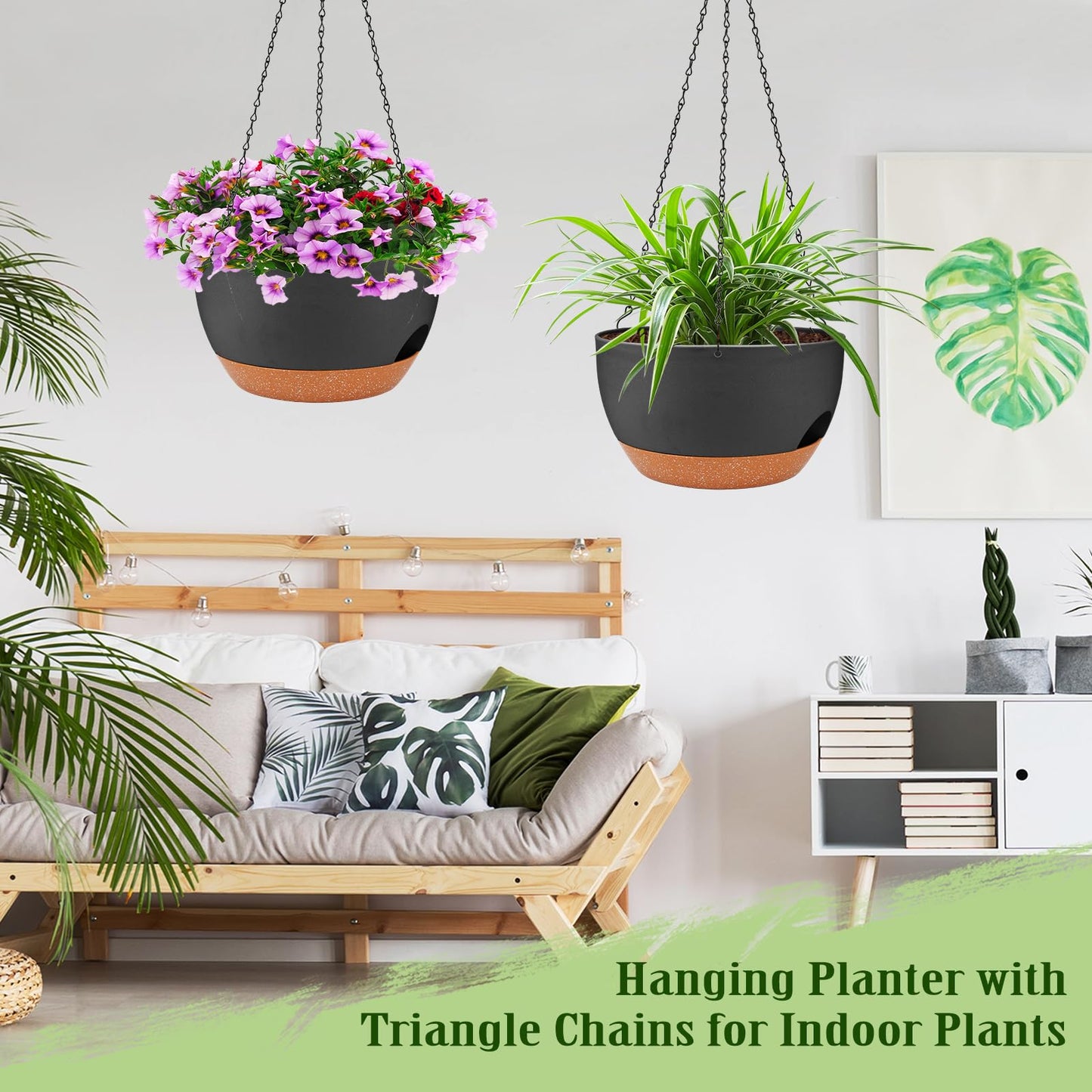 Lucieblessdesign Hanging Planters for Outdoor Indoor Plants, 2 Pack 12 Inch Hanging Basket Plants Outdoor, Self Watering Hanging Planter with Plant Hanger for Garden Home Decoration (Black)