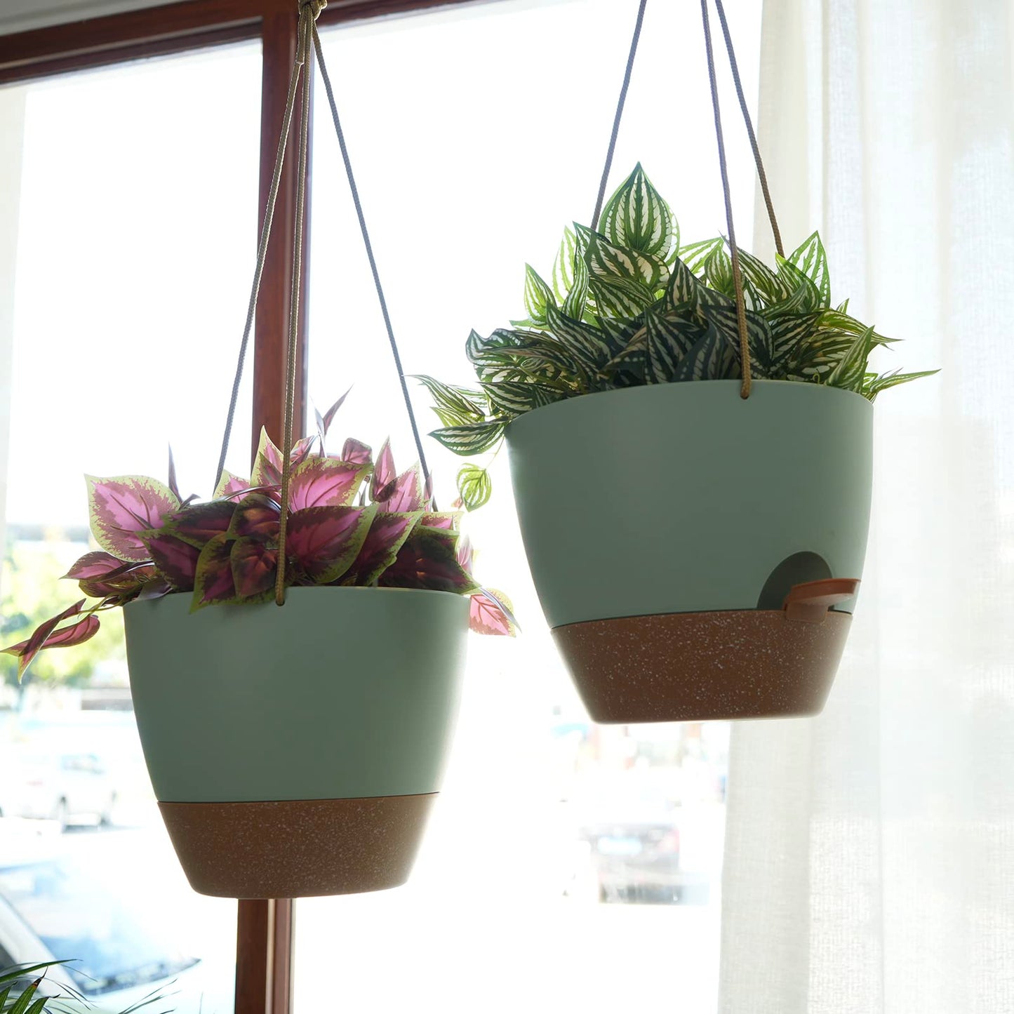 SwinDuck 10 Inch Self Watering Hanging Pots, 2 Pack Hanging Planters with 40oZ Deep Reservior for Indoor Outdoor Plants Flowers, Green with Brown