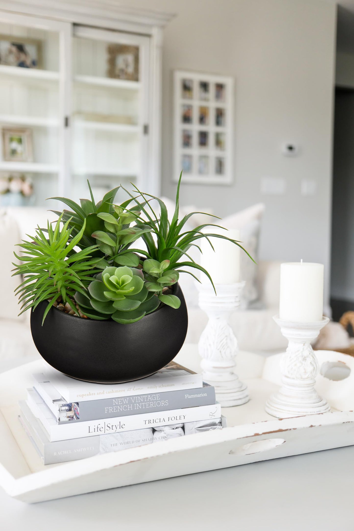 Hollyone Fake Plants Artificial Succulents in Pots Faux Succulent Arrangement Potted Plant in Black Ceramic Planter Bowl for Home Decor Office Desk Bathroom Shelf Living Room Indoor Decorations