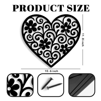 Vineland Black Metal Heart Wall Art, 11.8 Inch Modern Minimalist Sculpture, Floral Pattern Design for Living Room Bedroom Bathroom, Matte Finish Boho Home Decor