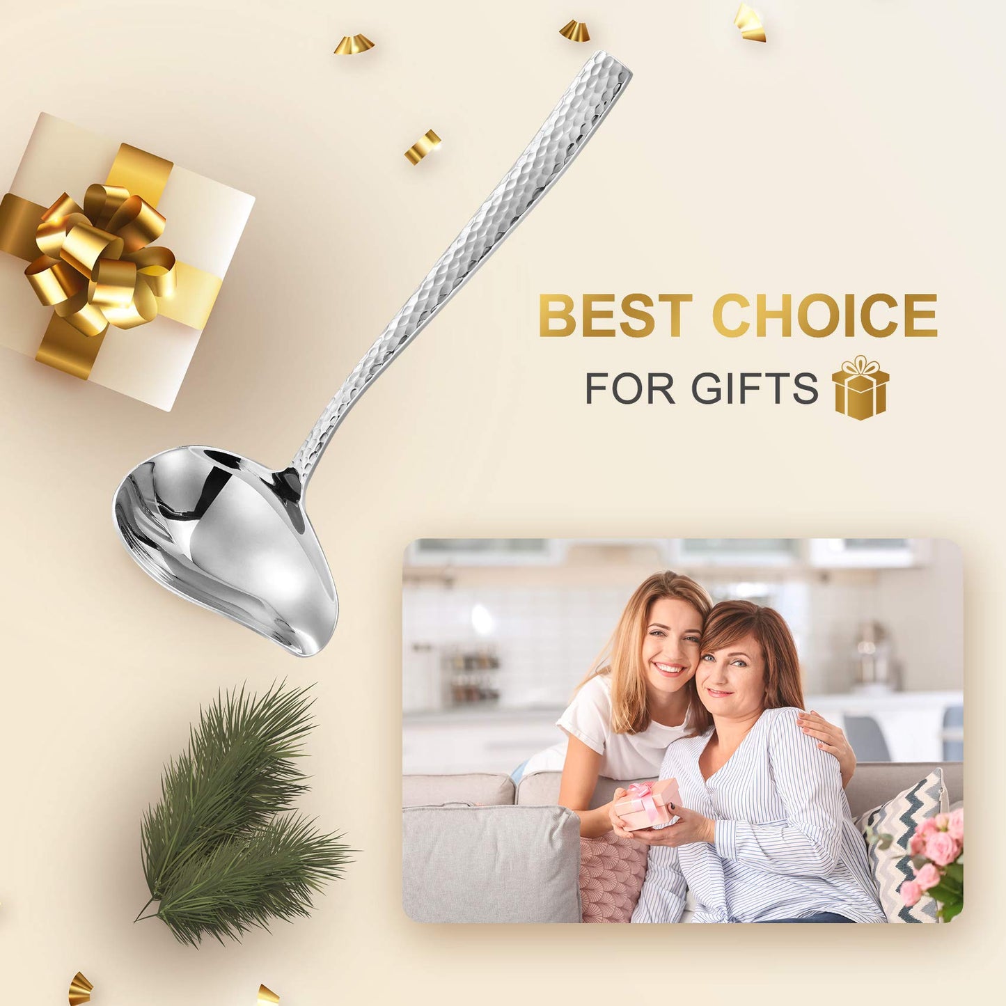 KEAWELL Louis Hammered 18/10 Stainless Steel Sauce Ladle With Pouring Spout, Great small sauce spoon for gravies and dressings, 7.4 Inch, Dishwasher Safe (1)