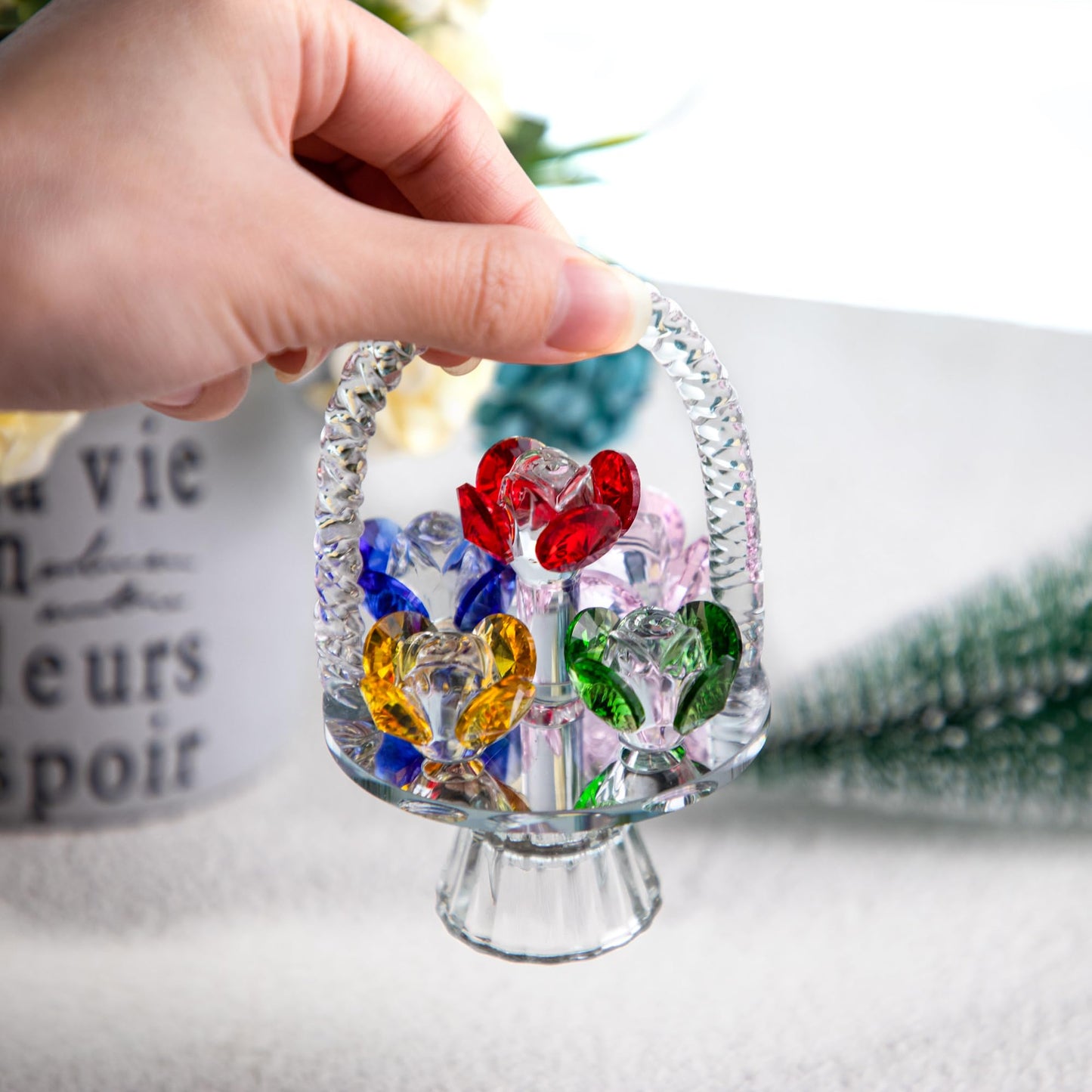 H&D HYALINE & DORA Colorful Crystal Flower Basket Figurine Ornament, Glass Flower with Rotating Base for Home Dress Table Centerpiece Christmas Lady Gift