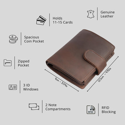 KORUMA Mens Premium Genuine Leather Bifold Wallet Smart Credit Card Blocker and Coin Pocket with RFID Certified – Hunter Brown 3-in-1 Wallet