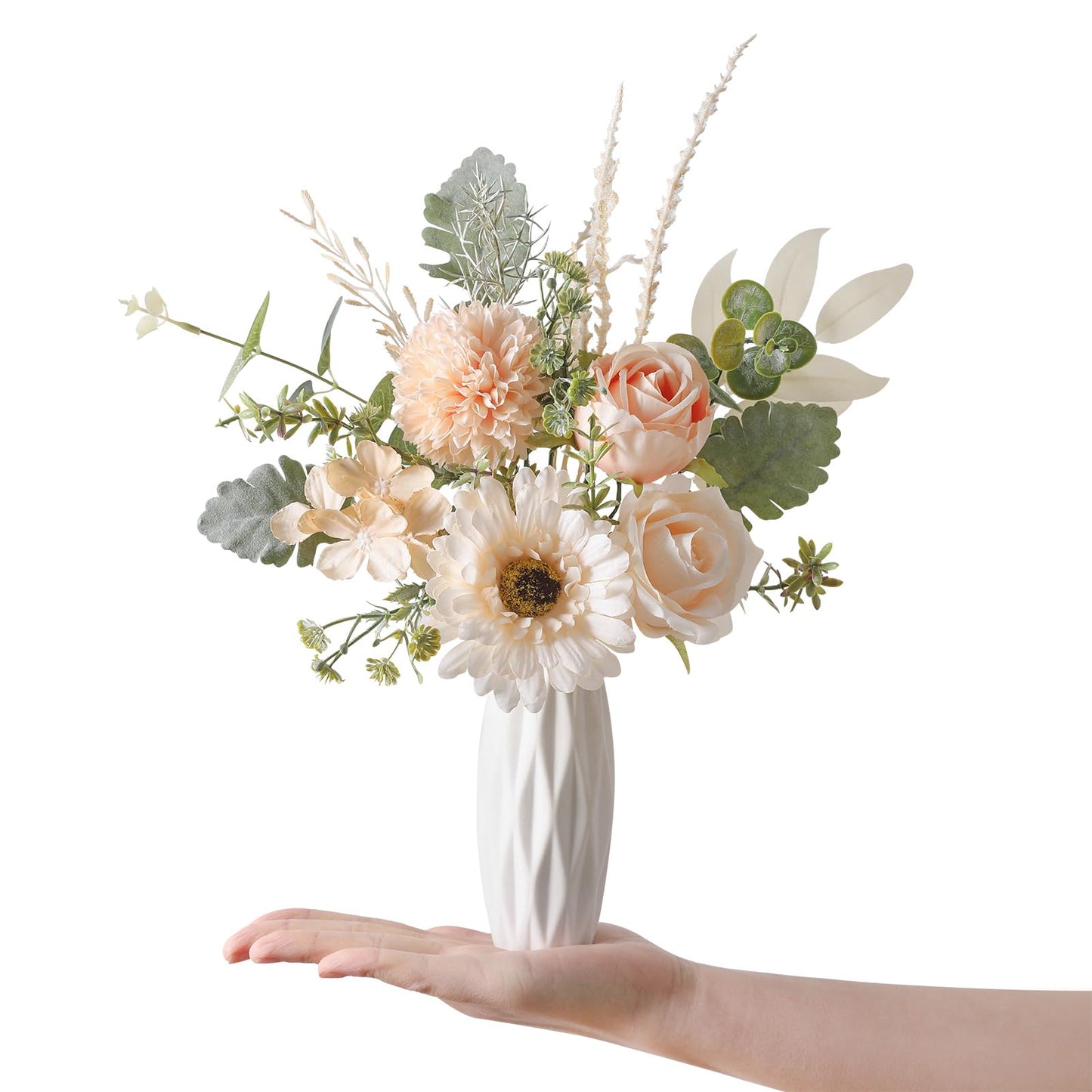 GAATEEK Small 11.8" Artificial Flowers in Ceramic Vase - Champagne Silk Flower Centerpiece for Dining Table, Office, Wedding & Farmhouse, Home Decor Gifts