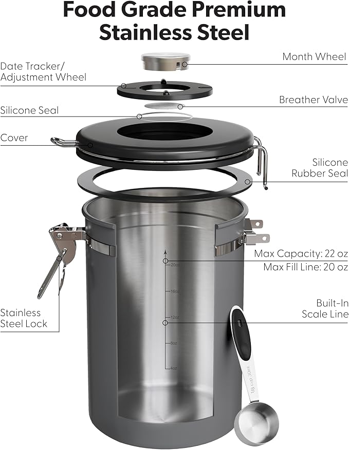 Veken Coffee Canister with Window, Airtight Stainless Steel Kitchen Food