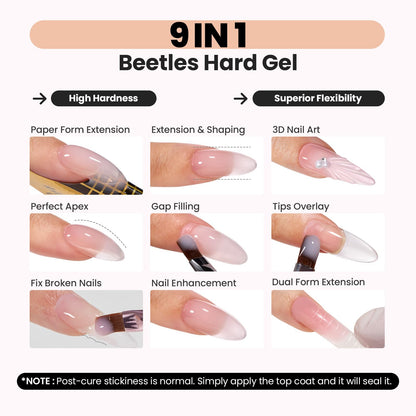 Beetles Hema Free Hard Gel for Nails,2.12 oz 9 in 1 Hard Gel for Nail Extension & Strengthening Broken Nail Repair with Flat Brush 100 Pcs Nail Forms UV LED Lamp Cured Salon Nail Technicians Women