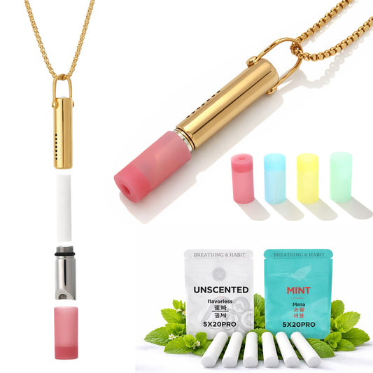 Daursul Breathing Necklace with Cotton Core, Nicotine-Free Oral Fixation Alternative, Replaceable Cotton Filters, Stress Relief Breathing Pendant for Quitting Habits (Gold+2 Flavor Packs with)