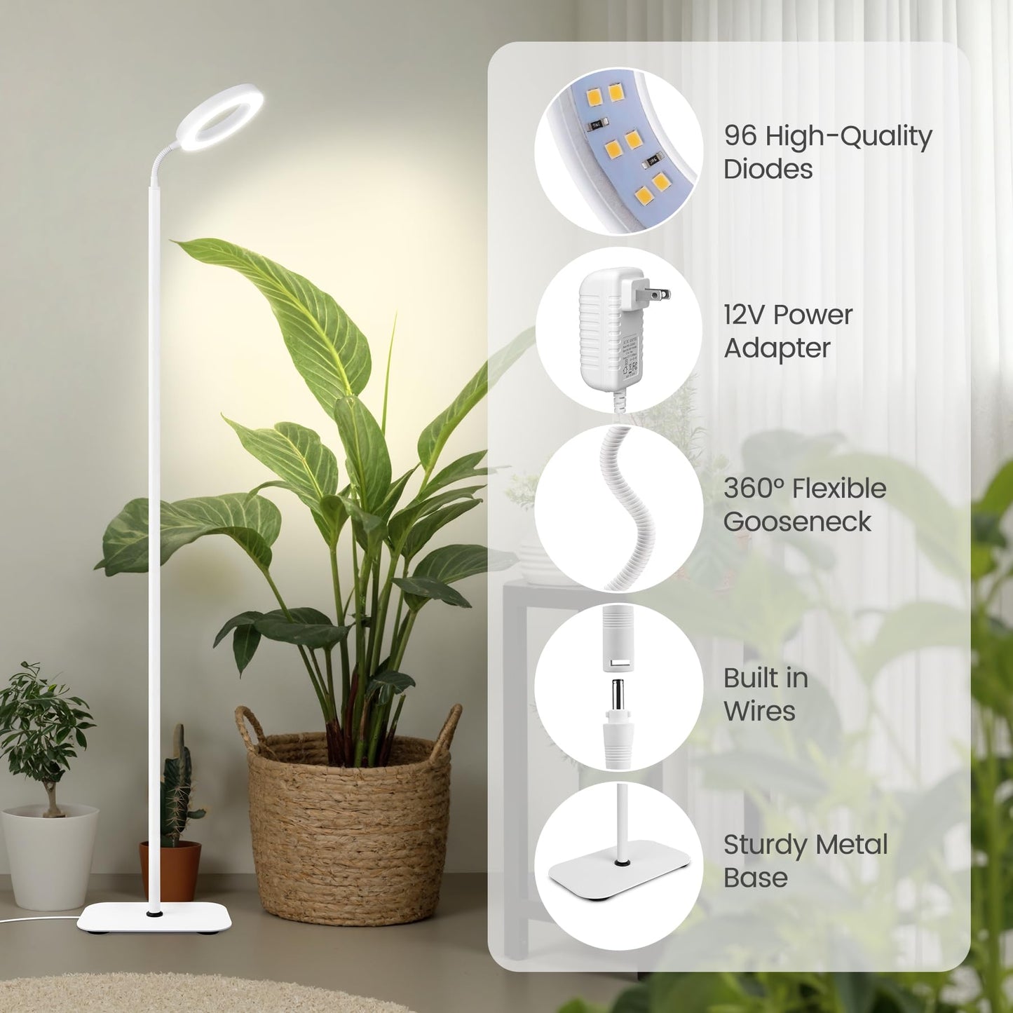 MistyJungle Grow Lights for Indoor Plants,Floor Lamp with 63IN Stand,Full Spectrum,10 Dimming,Halo Ring Warm Light, 3/9/12H Timer,Height Adjustable,Metal Stable Base Growing Light for Tall Small Plant