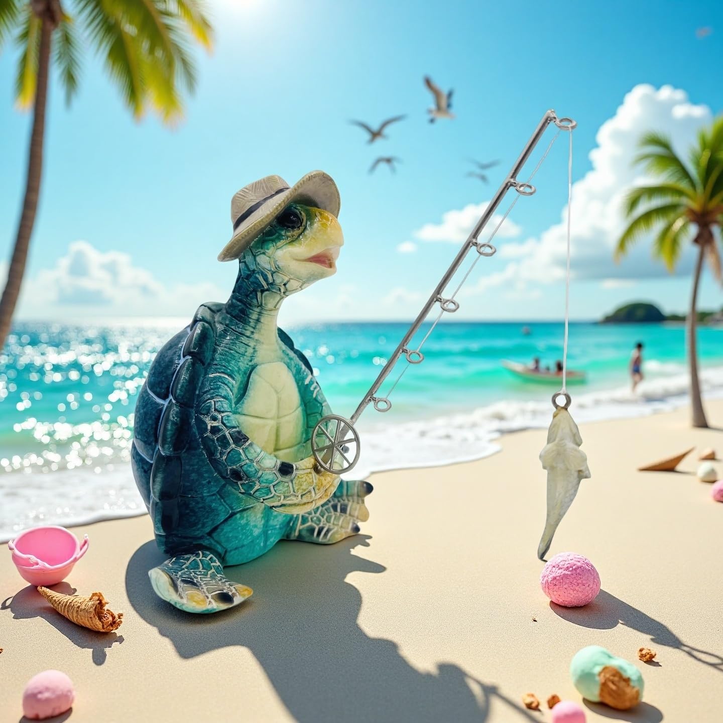 Xzlgyffy Turtle Fishing Decor, Summer Garden Statues, Nautical Coastal Beach Decorations, Home Office Decor Gifts, Bookshelf Desk Bathroom Tabletop Statue Ornament (Turtle Fishing)