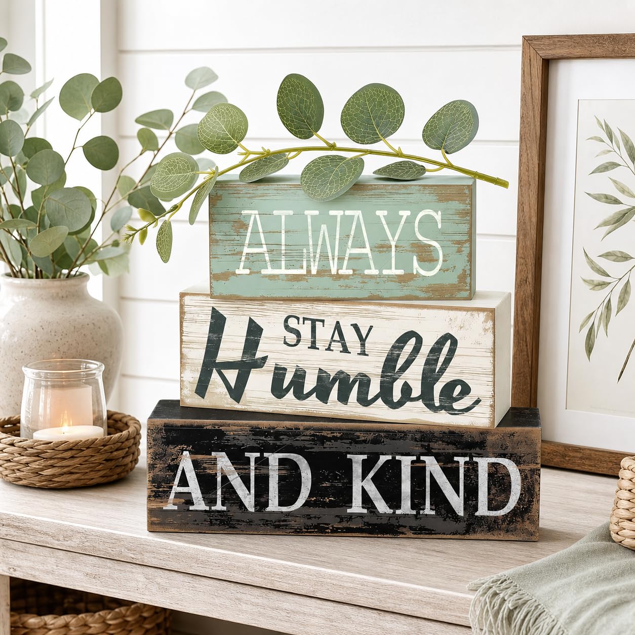 4 Pcs Farmhouse Stacked Wooden Decor Always Stay Humble and Kind Inspirational Table Signs with Eucalyptus Leaves for Living Room Shelf Fireplace Mantle Home Decoration Housewarming Gift