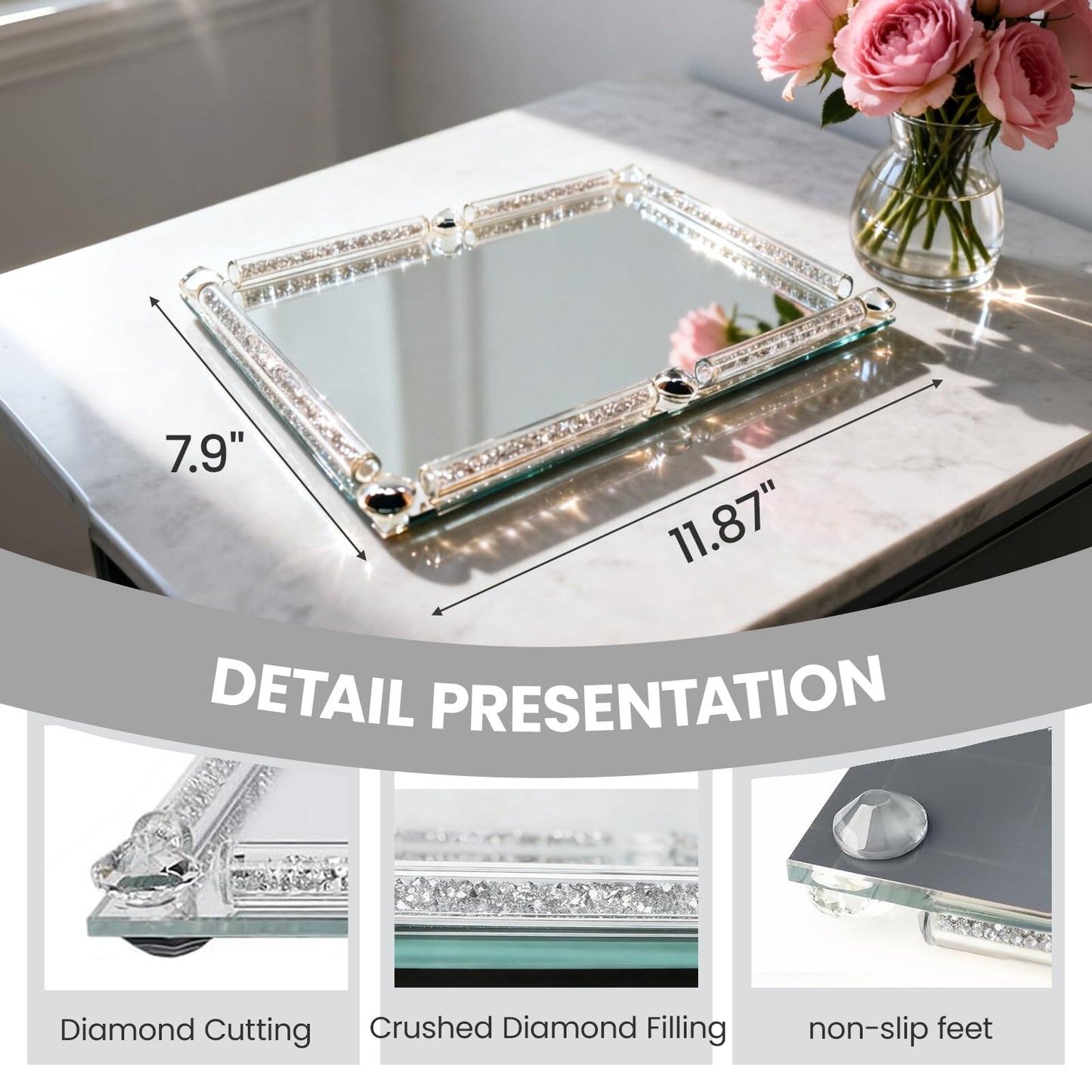 HMRCYTE Crystal Glass Tray, 11.8" x 7.9" Crushed Diamond Silver Mirror Perfume Makeup Display Tray, Noble Jewelry Trinket Vanity Trays, Ornate Rectangular Cosmetics Dresser Decoration for Home Decor