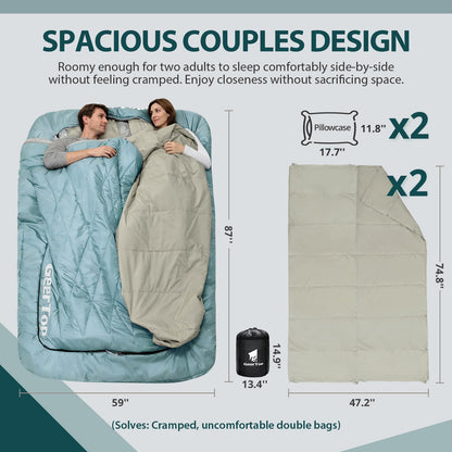 GEERTOP 2 Person Sleeping Bag with Dual Comfort Layer for Couples Adults - 4 Season Cold & Warm Weather Camping Hiking Backpacking Double Sleeping Bag