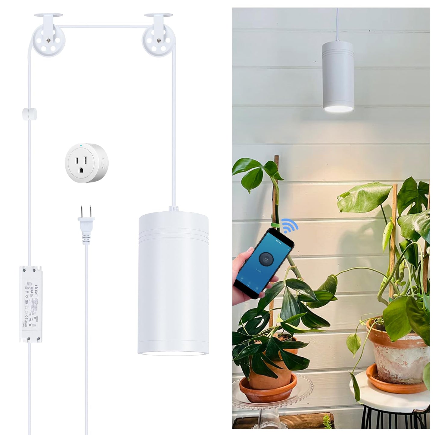 HMVPL Hanging Grow Light, Plant Lights Full Spectrum with 4000K 40W COB Bulb, Pulleys and Smart Timer, Indoor Grow Lamp for Tall Tree Hydroponics