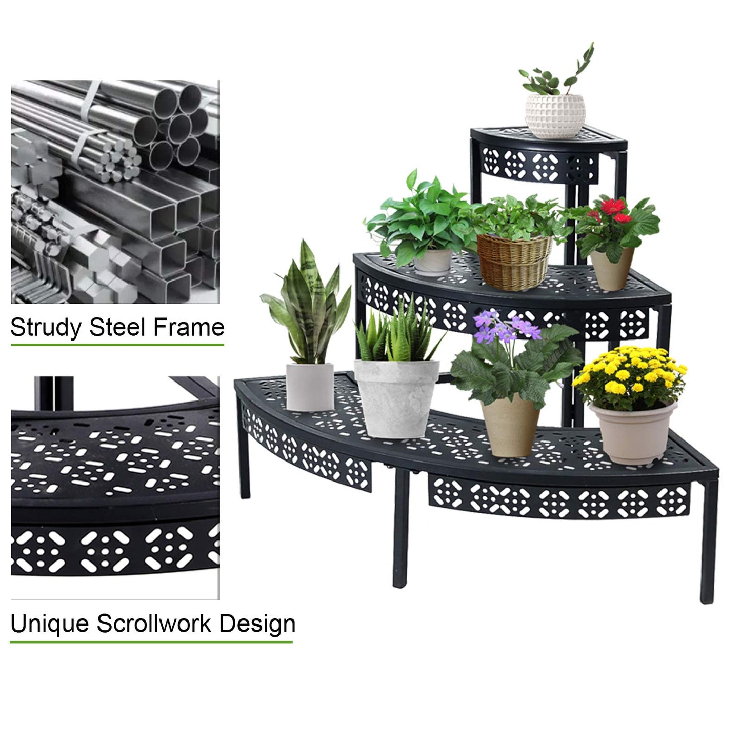 aboxoo 3 Tier Plant Stand Flower Pot Rack, Metal Stair-Step Style Corner Shelf Planters, Quarter Round Display Holder for Indoor Outdoor Use(Black, Semicircle)