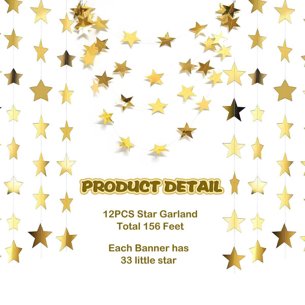 YUQILIN 158 Feet 12 PCS Glitter Gold Star Garland Banner Decoration, Reflective Sparkle Little Star Paper Hanging Decor Double Side Star Streamer Bunting for Party Wedding Christmas Birthday Festival